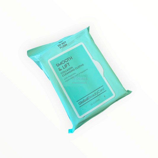 A single packet of Global Beauty Care Smooth & Lift Collagen Cleansing Cloths, featuring a light mint green packaging with a white label, shown on a plain white background.