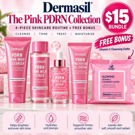 Dermasil Pink PDRN 4-piece skincare bundle with free Vitamin C cleansing cloths $15