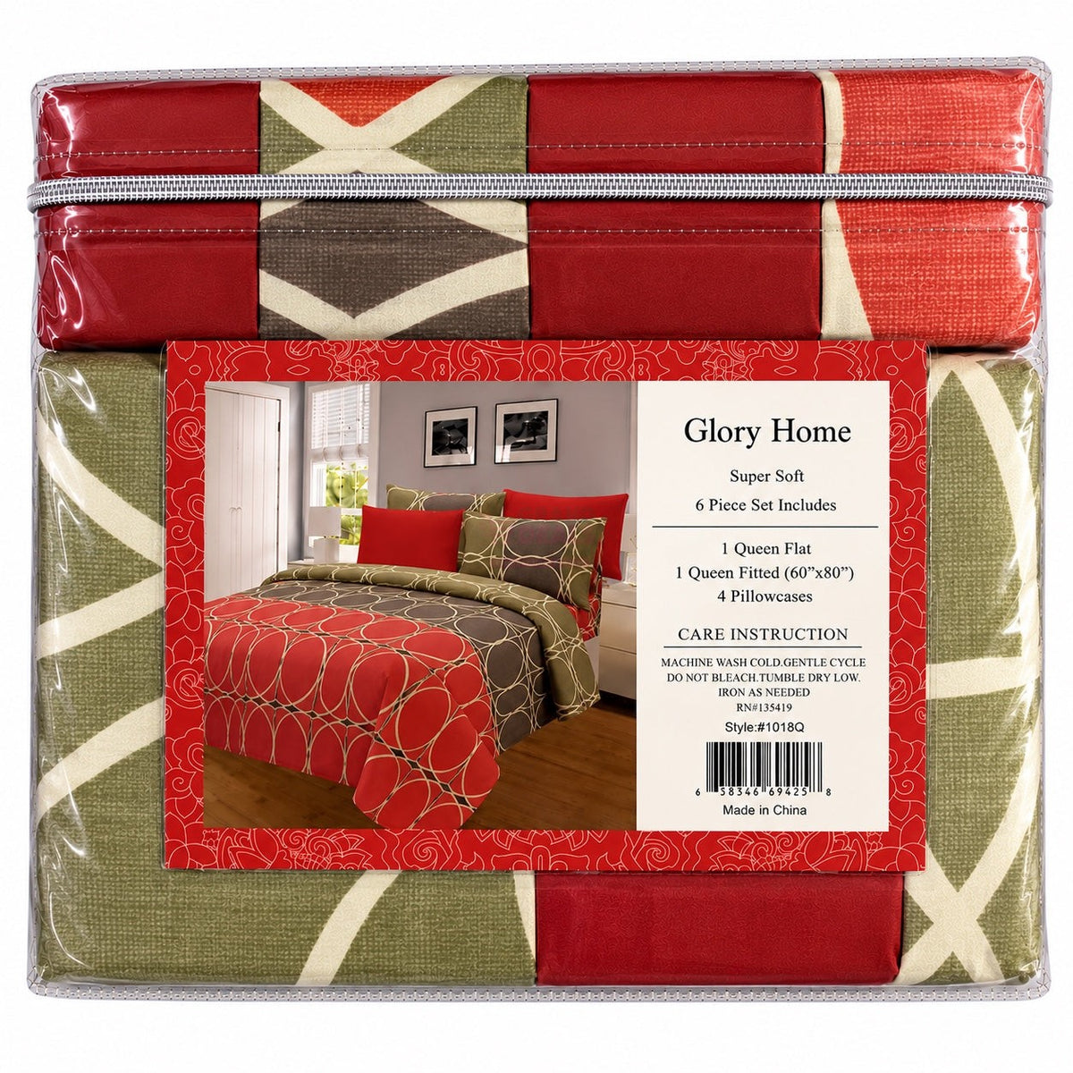 Glory Home 6 Piece Queen Sheet Set - Red & Olive Geometric