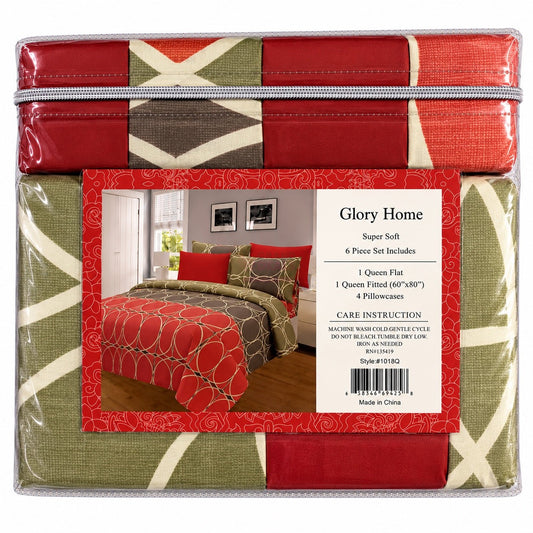 Glory Home 6 Piece Queen Sheet Set - Red & Olive Geometric