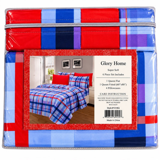 Glory Home 6 Piece Queen Sheet Set - Red & Blue Plaid