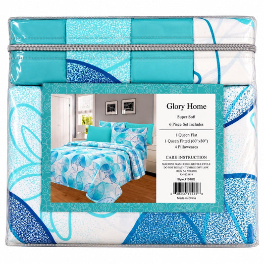 Glory Home 6 Piece Queen Sheet Set - Aqua Floral
