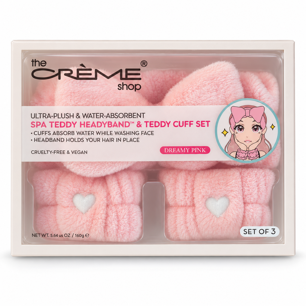The Crème Shop Spa Teddy Headband & Cuff Set — Dreamy Pink boxed set of 3