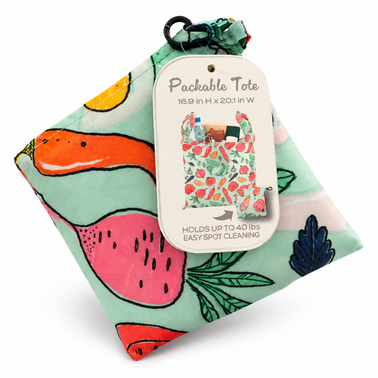 Packable reusable tote with fruit print in mint green