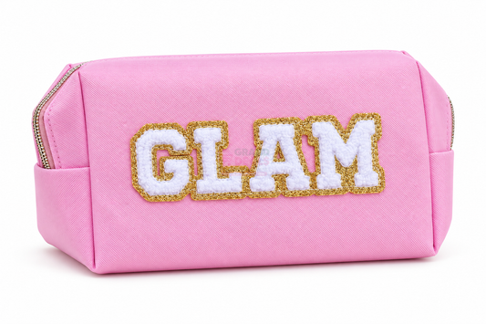 Pink GLAM chenille letter cosmetic bag