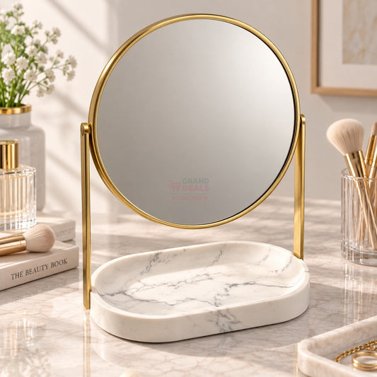 Gold round tabletop vanity mirror with marble-look tray