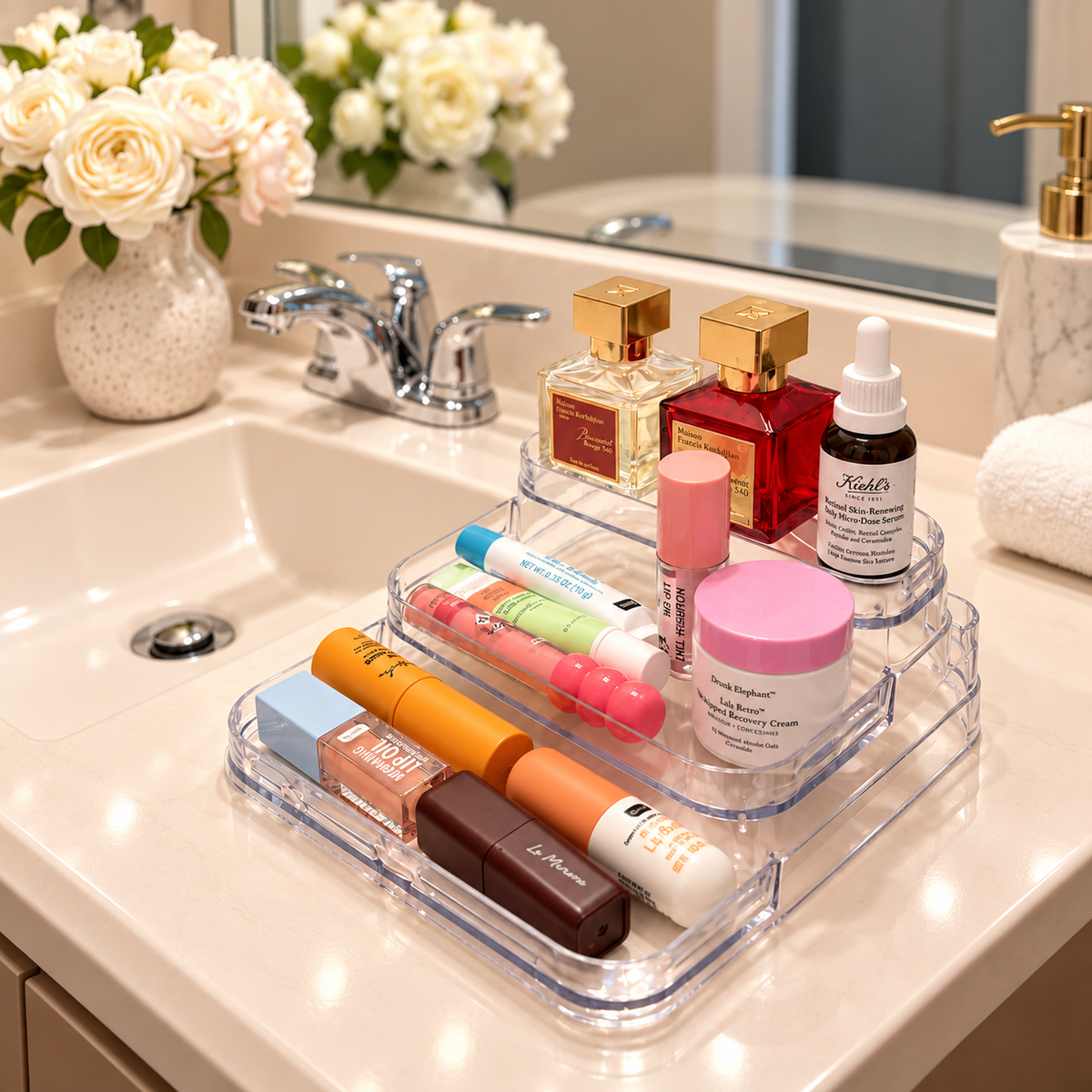 Clear three-tier spice rack styled as a perfume vanity tray; products sold separately