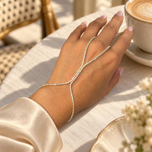Sparkling rhinestone hand chain in a sunlit cafe
